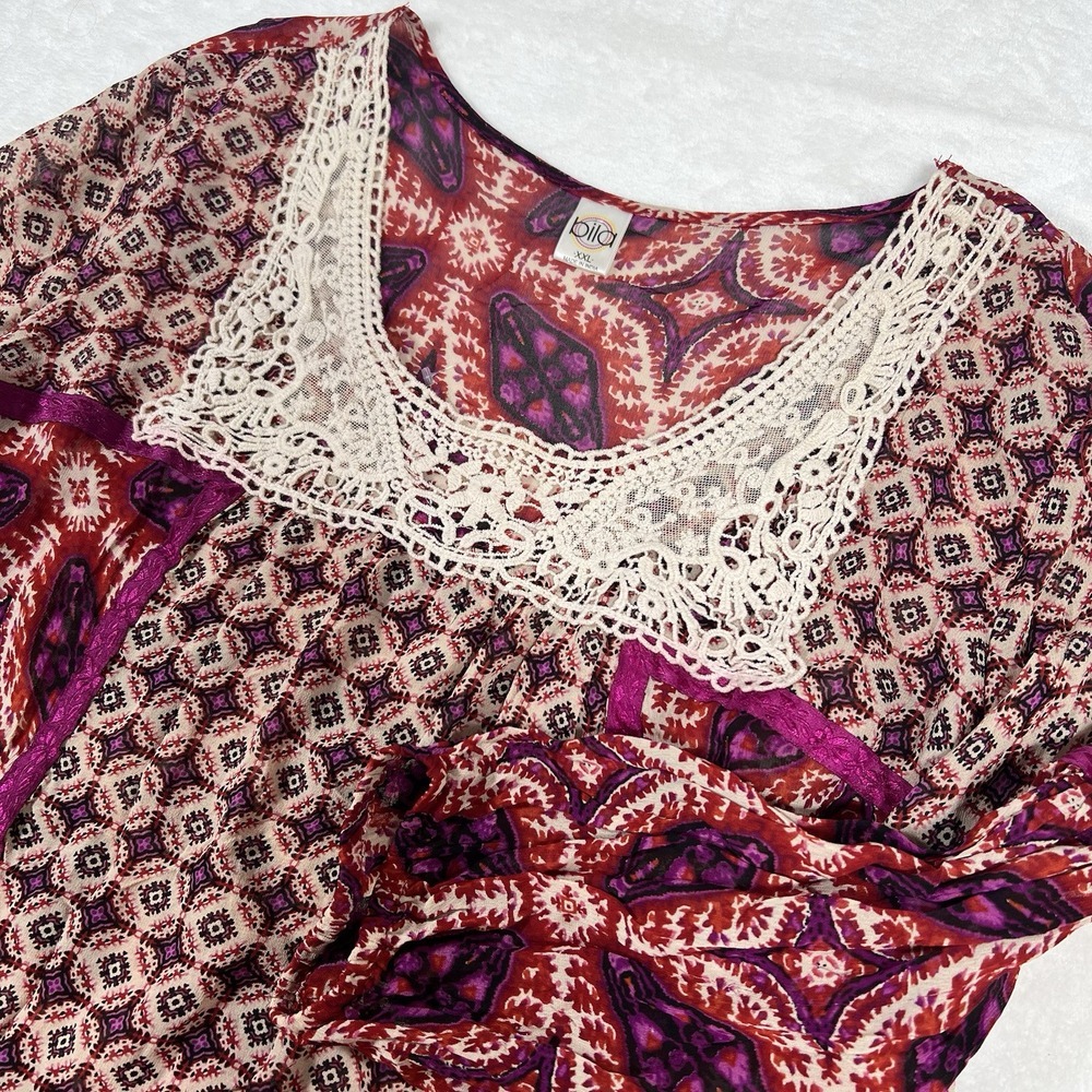 Bila Women XXL Billabong Semi Sheer Crochet Trim Patchwork Tunic Boho Peasant